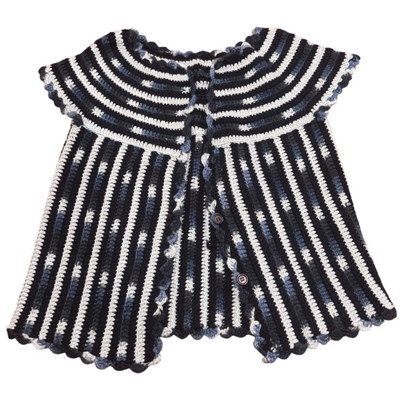 Handmade Sweaters - Vintage Handmade Crochet Short Sleeve Cardigan‎ Blue Striped Boho Btn Up Sweater